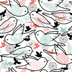 Vector birds silhouettes seamless pattern background with hand