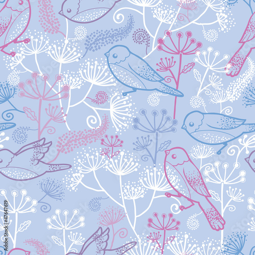 Obraz w ramie Vector pastel birds and flowers seamless pattern background with