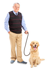 Canvas Print - Full length portrait of a smiling senior man posing with his pet