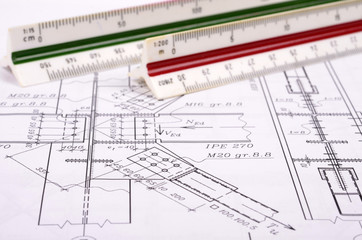 Wall Mural - plan , scale ruler on a technical drawing with selective focus