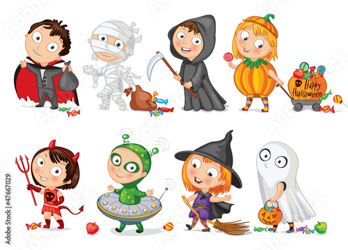 Fototapeta na wymiar Happy Halloween. Funny little children in colorful costumes