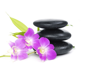 zen stones with pink orchid and bamboo leaf on white background