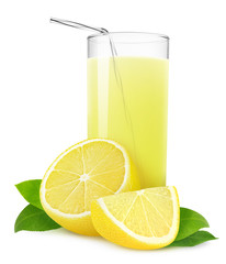 Wall Mural - Isolated drink. Glass of lemonade or lemon juice and cut fresh lemons isolated on white background