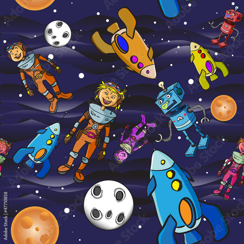 Naklejka - mata magnetyczna na lodówkę Seamless pattern cartoon children astronauts