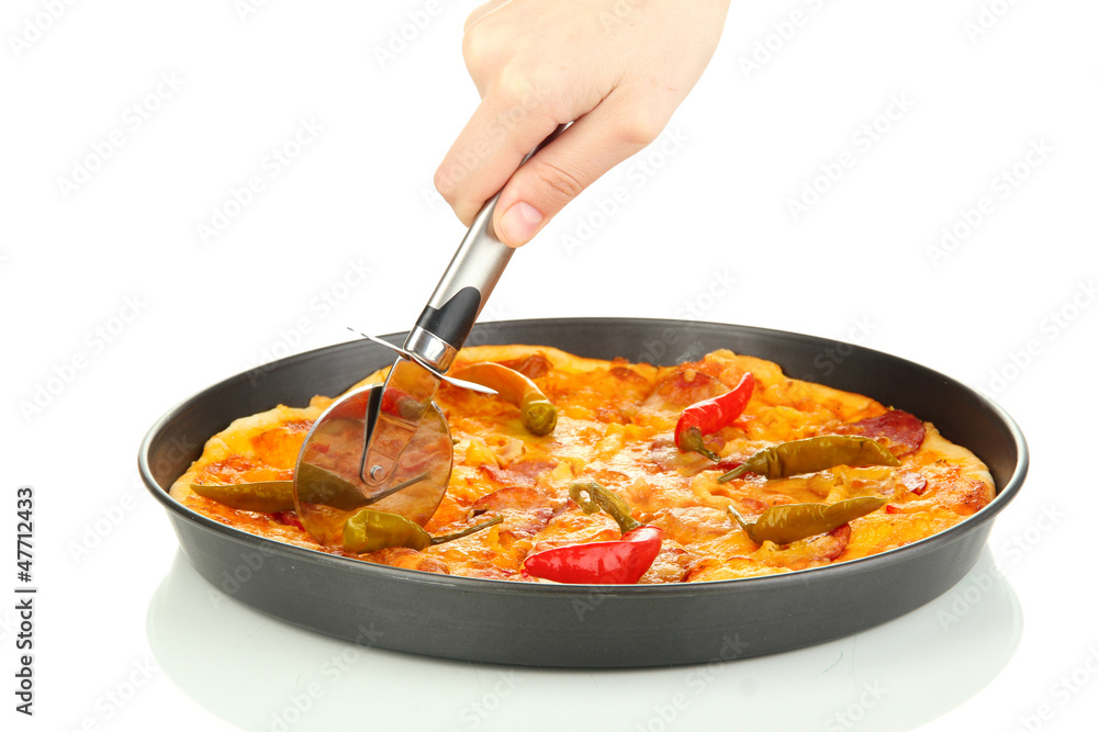 cutting tasty pepperoni pizza in pan isolated on white