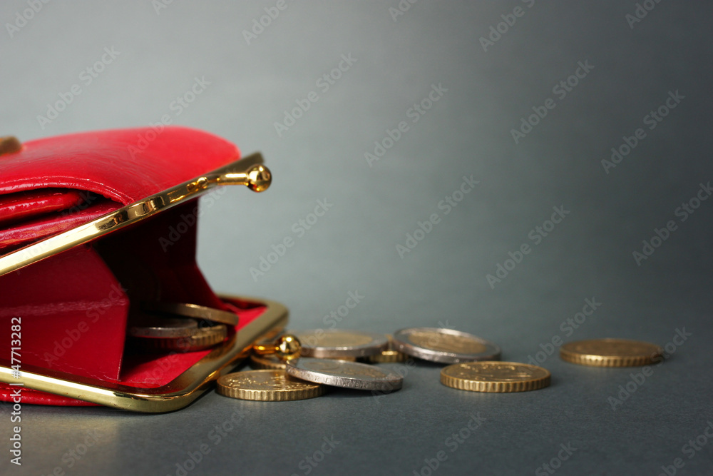 female red wallet with coins on grey background