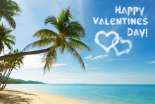 Valentines Day Card With Tropical Beach And Coconut Palm Trees