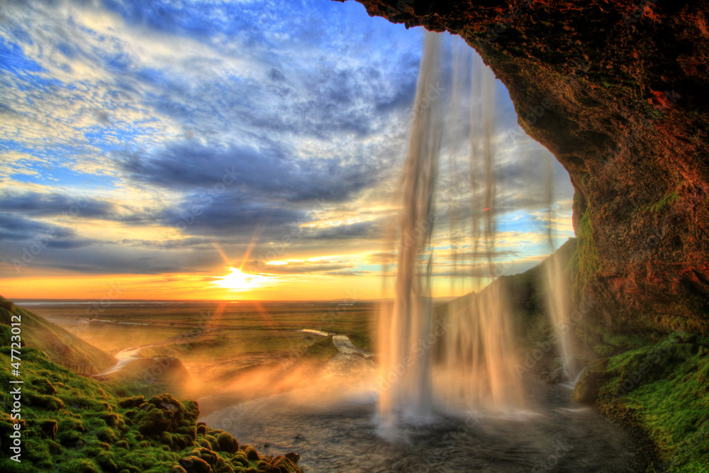 Seljalandfoss waterfall at sunset in HDR, Iceland - obrazy, fototapety, plakaty 