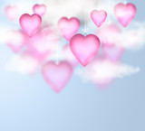 Valentine background with hanging pink glossy hearts