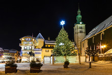Illuminated Central Square Of Megeve On Christmas Eve, French Al