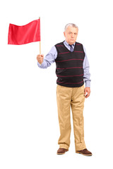 Sticker - Full length portrait of a sad senior man waving a red flag