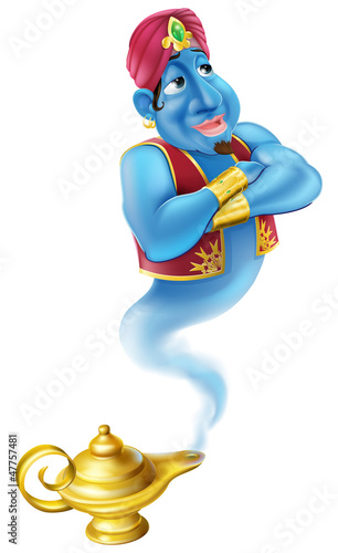 Fototapeta na wymiar Friendly Jinn or genie and magic oil lamp