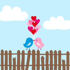 Sticker - Two Birds On Fence Kissing Heart Balloons Blue