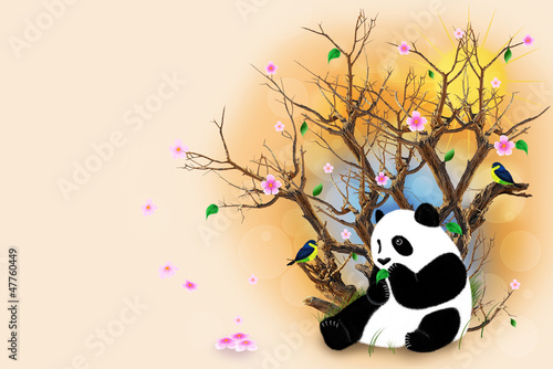 Fototapeta na wymiar Beige Greeting Card With Panda
