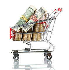 Sticker - shopping trolley with dollars and Ukrainian coins, isolated