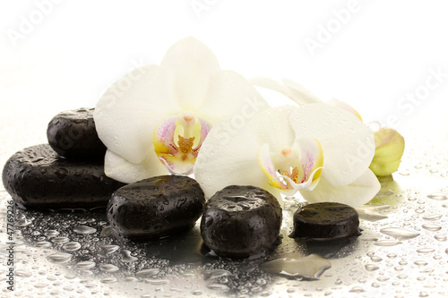 Board z aluminiowym obramowaniem Kamienie spa i kwiaty orchidei, odizolowane na białym.