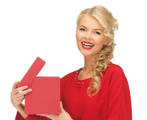 Poster - lovely woman in red dress with opened gift box