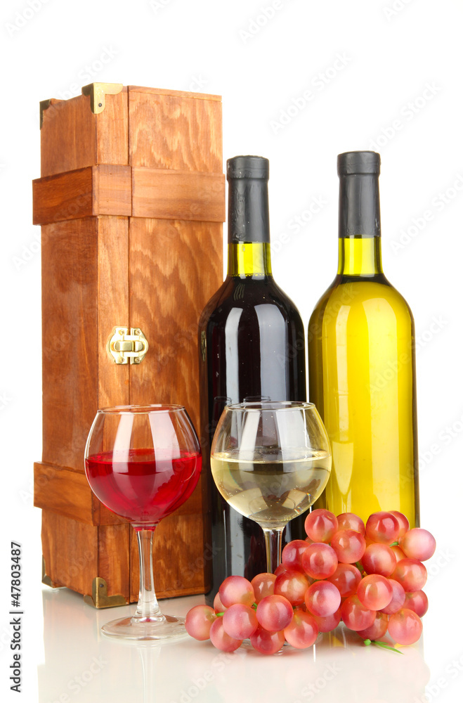 Wooden case with wine bottles isolated on white