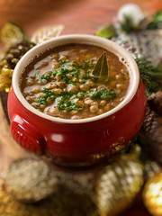 Canvas Print - traditional christmas lentils soup, selective focus