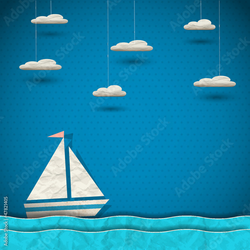 Fototapeta na wymiar Sailing boat and clouds.Paper-art