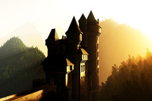 Castle In The Sunset Sunrise In The Mountains 3D Render