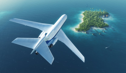 Large passenger plane flies over paradise tropical island