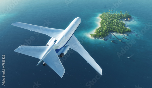 Fototapeta dla dzieci Large passenger plane flies over paradise tropical island