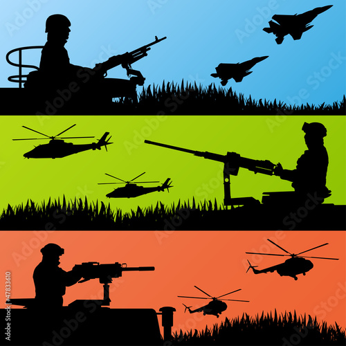 Plakat na papierze fotorealistycznym Żołnierze armii, samoloty, helikoptery i broń w tle