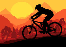 Mountain Bike Riders In Wild Forest Mountain Nature Landscape Ve