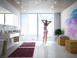 Junge Frau im modernen Badezimmer mit Ausblick 3D
