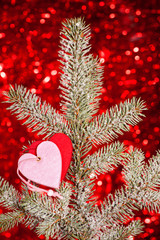 two hearts on christmas fir tree branch