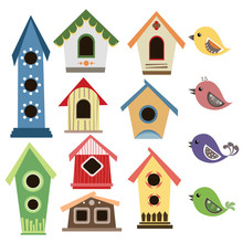 Abstract Birdhouse Set With Birds