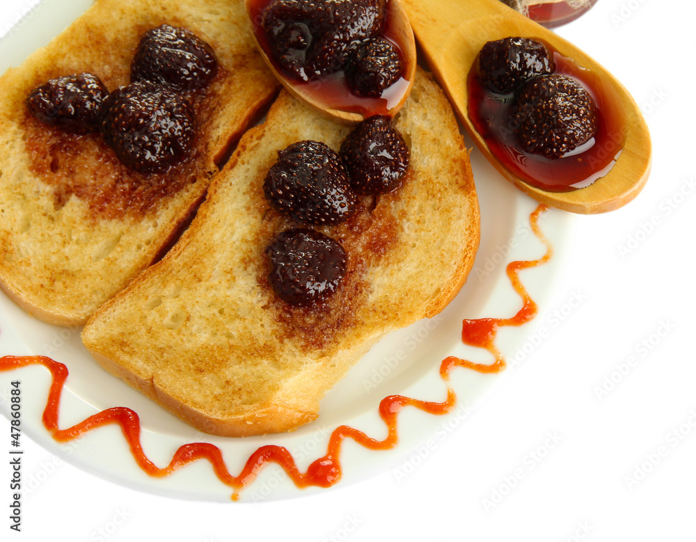 White bread toast with jam on plate, isolated on white