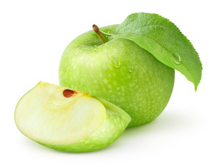 Poster - Isolated apple. Whole green apple fruit and a piece isolated on white background