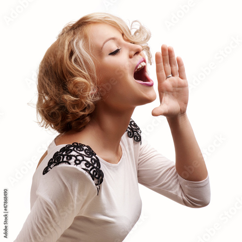 Fotografie, Obraz young blonde woman shout and scream using her hands as tube