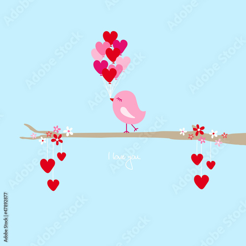 Foto-Vorhang - Pink Bird On Tree Heart Balloons Blue (von Jan Engel)