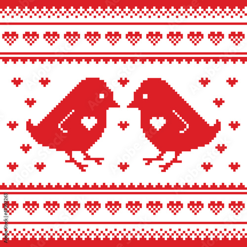 Obraz w ramie Valentines Day, love pixelated card with birds and hearts