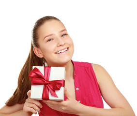 Woman holding gift box isolated on white background