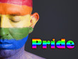 Gay flag face man, word 