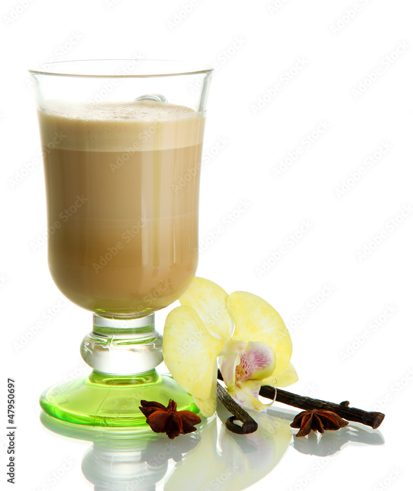 Fragrant coffee latte in glass cup with vanilla pods isolated