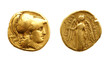 Two sides of an ancient greek gold coin with Alexander the Great.