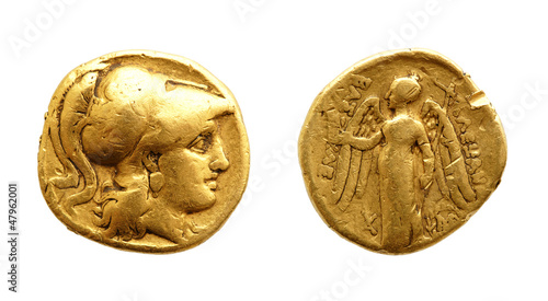 Cuadros en Lienzo Two sides of an ancient greek gold coin with Alexander the Great.
