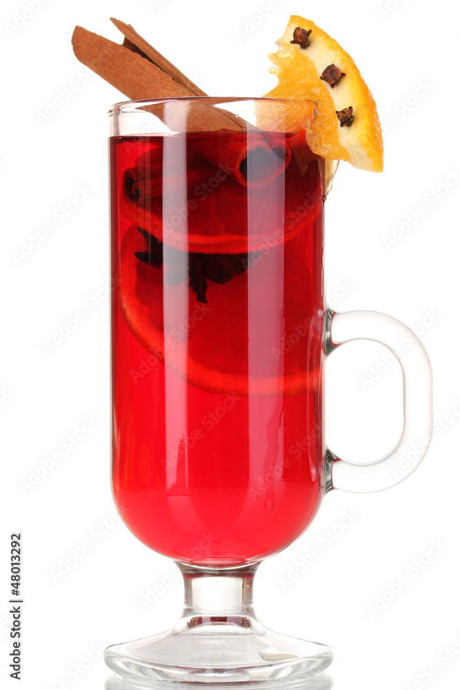 Fragrant mulled wine in glass isolated on white