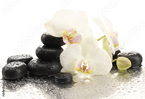 Board z aluminiowym obramowaniem Kamienie spa i kwiaty orchidei, odizolowane na białym.
