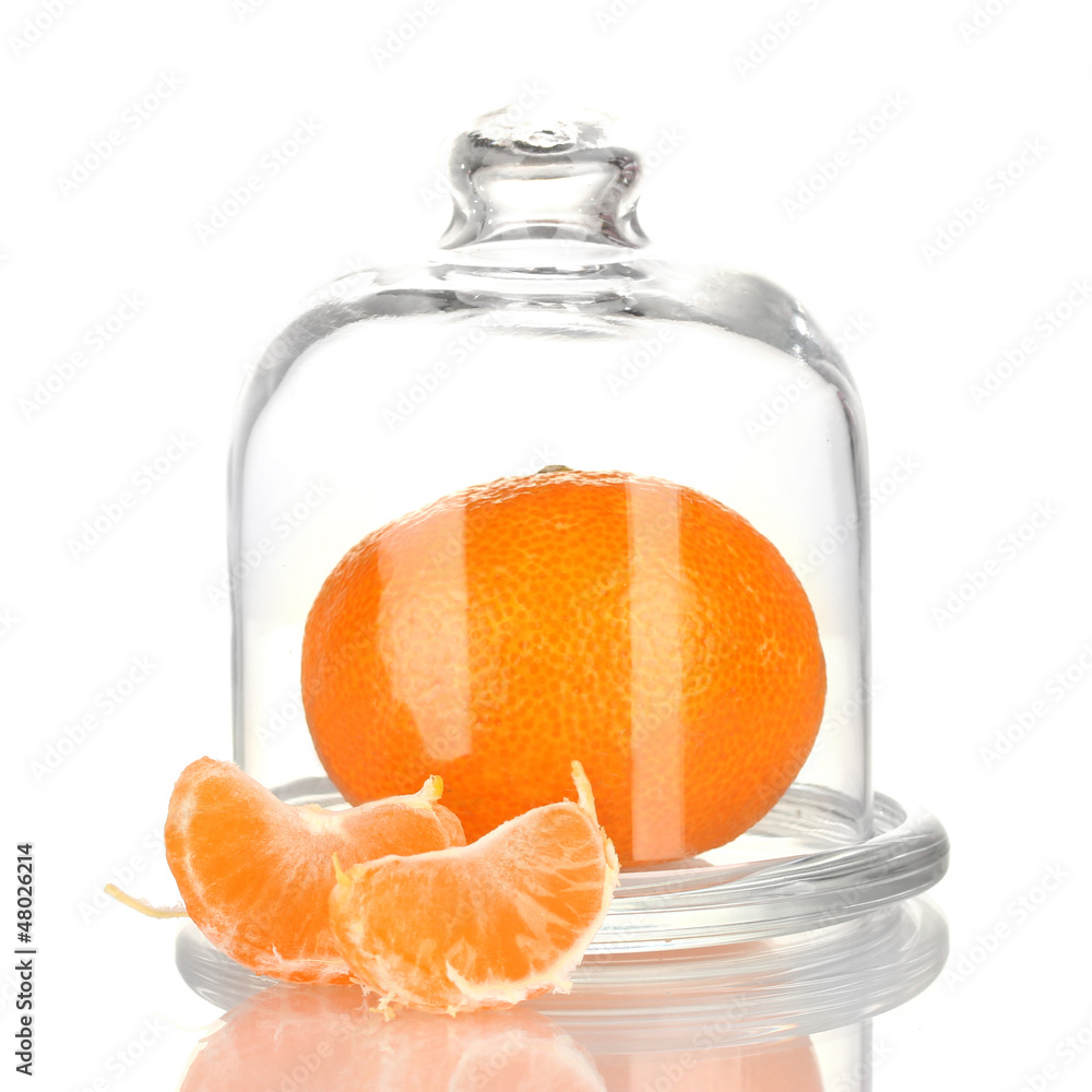 Tangerine on saucer under glass cover isolated on white