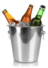 Canvas Print - Beer bottles in ice bucket isolated on white