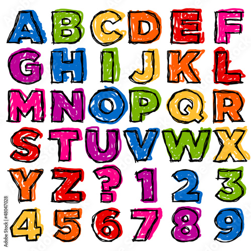 Board z aluminiowym obramowaniem Kolorowy doodle alfabet i cyfry