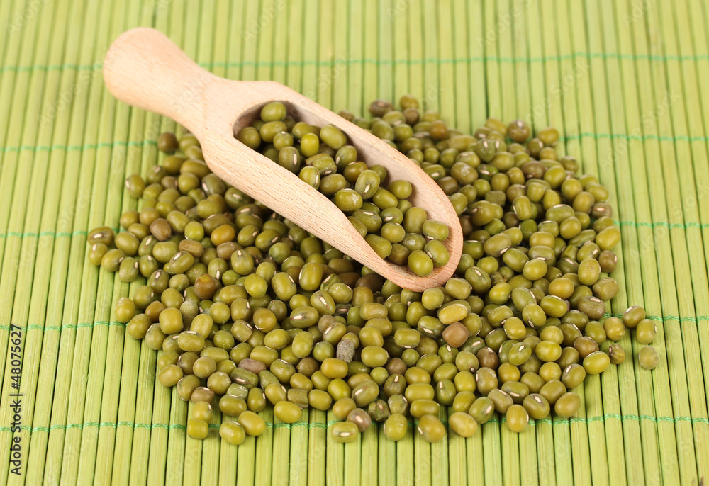 mung beans with scoop on color background