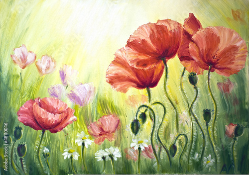 Naklejka - mata magnetyczna na lodówkę Poppies in the morning, oil painting on canvas