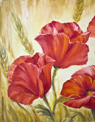 Naklejka dekoracyjna Poppies in wheat, oil painting on canvas